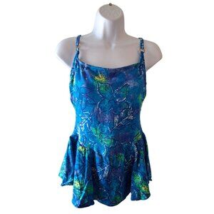 Basic Editions Womens One Piece Peplum Tankini S Blue Green Floral Print Beach